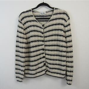 Reba Rose Medium Vintage 1990s Knitted Striped Cardigan Sweater Cotton Neutrals